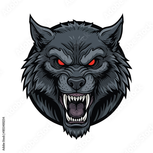 Angry black wolf head mascot with red glowing eyes and sharp teeth vector illustration.