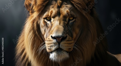 Majestic lion portrait with intense gaze and imposing mane highlighting regal presence