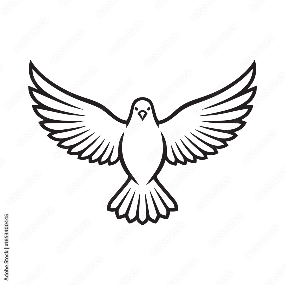 Obraz premium Peaceful white dove bird flying with spread wings line art outline vector illustration.