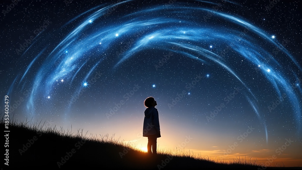 Fototapeta premium Young boy gazing at a starry night sky filled with vibrant cosmic trails and twinkling stars, embodying wonder and imagination in a serene landscape