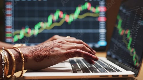 Close-up of hands typing on a laptop, stock market graphs in the background. Decorated hand