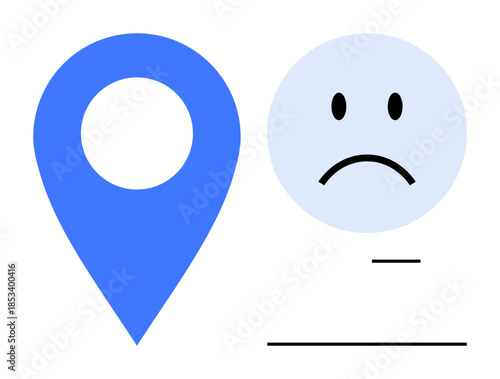 Location concept. A blue location pin next to a sad face icon emotional states and geographic connections. Location perception and emotional association. For navigation, psychology, emotions, social
