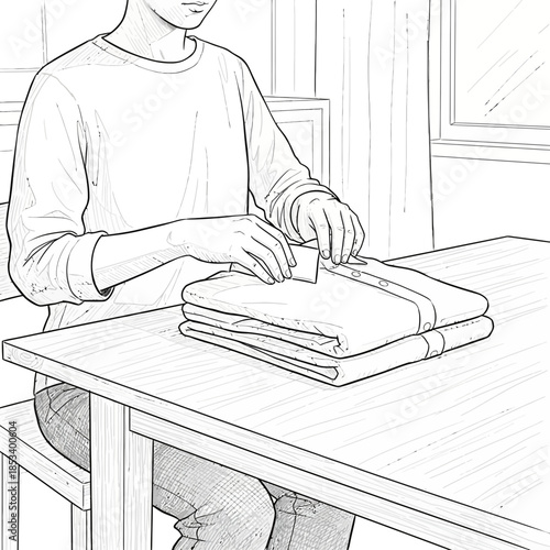 Person folding laundry with care, organizing clothes neatly on a table