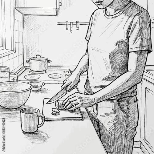 Person chopping vegetables in a kitchen, hand-drawn sketch style