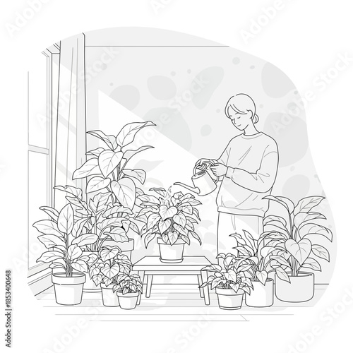 Person watering houseplants indoors, illustration, line art, cozy home garden scene