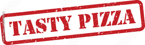 Red rubber stamp with Tasty Pizza text