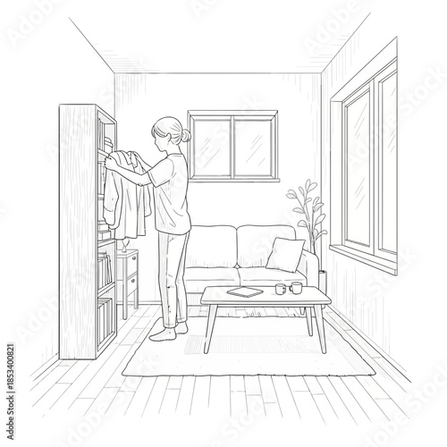 Woman organizing clothes in a closet in a cozy living room, line art illustration.