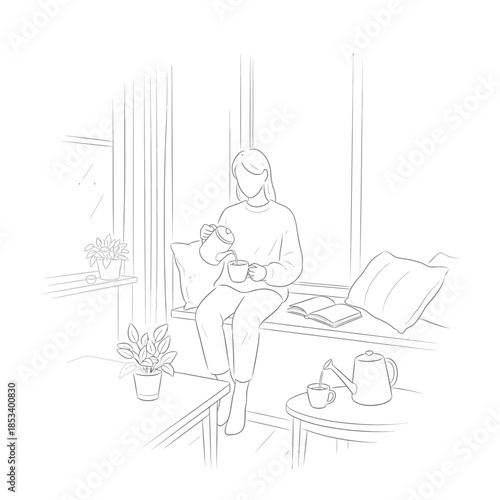 Woman pouring hot beverage in mug, relaxing by window with book and plants