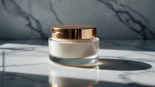 closeup of luxury transparent cream jar sitting on marble surface cast by light