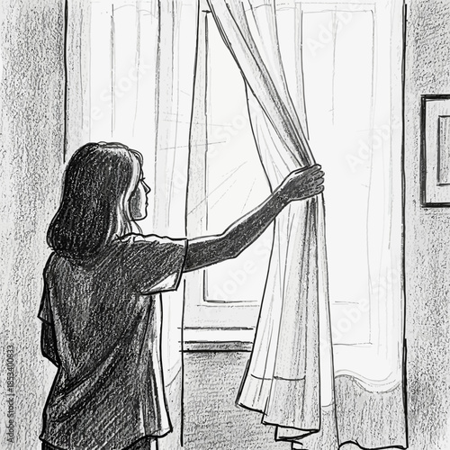 Woman opening curtains to reveal bright window light, sketch style drawing