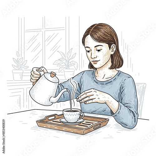 Woman pouring hot beverage into cup on tray, home interior, cozy morning, steam rising