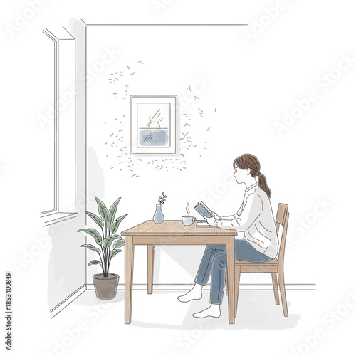 Woman reading book at table by window, enjoying quiet moment with coffee, minimalist illustration