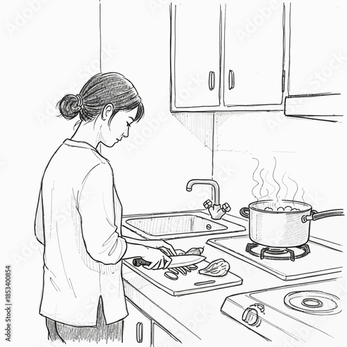 Woman preparing food in a kitchen, chopping vegetables and boiling in pot