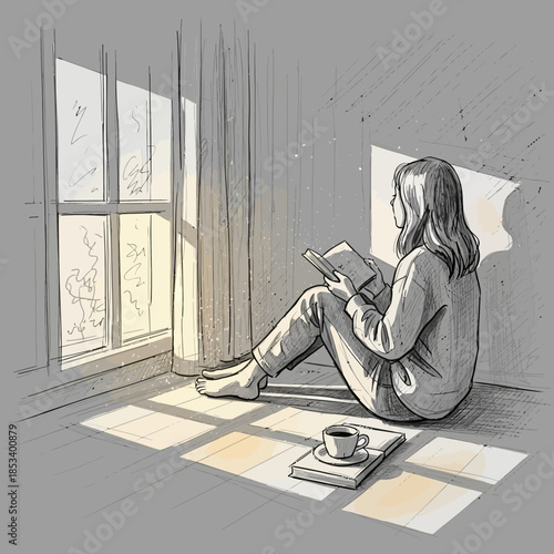 Woman Reading Book by Window with Sunlight and Coffee