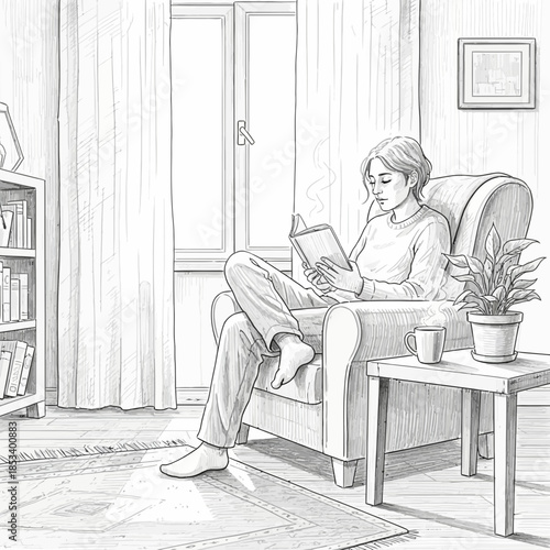 Woman reading book in armchair by window, cozy home scene, sketch illustration