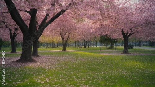 horizontal slider shot of city park cherry blossoms