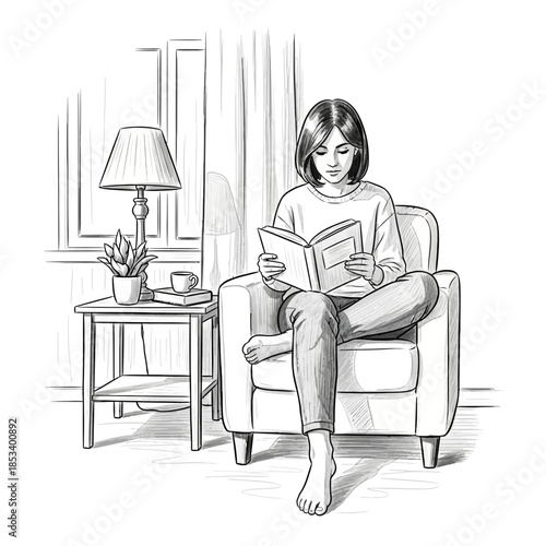 Woman Reading Book in Cozy Armchair, Relaxing at Home Lifestyle Sketch