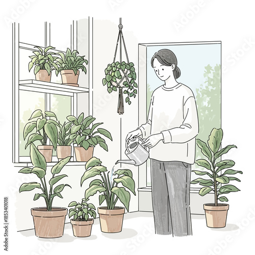 Woman watering houseplants indoors, minimalist line art illustration, cozy home garden atmosphere