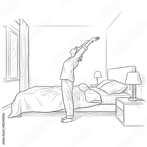 Woman stretching in pajamas by bed, morning yoga pose, bedroom interior sketch