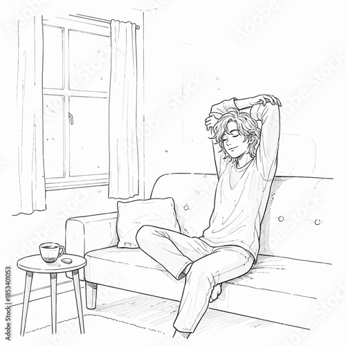 Young man relaxing on sofa, stretching arms, enjoying morning coffee at home