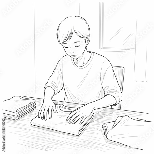Young person folding clothes neatly on a table, domestic chore illustration