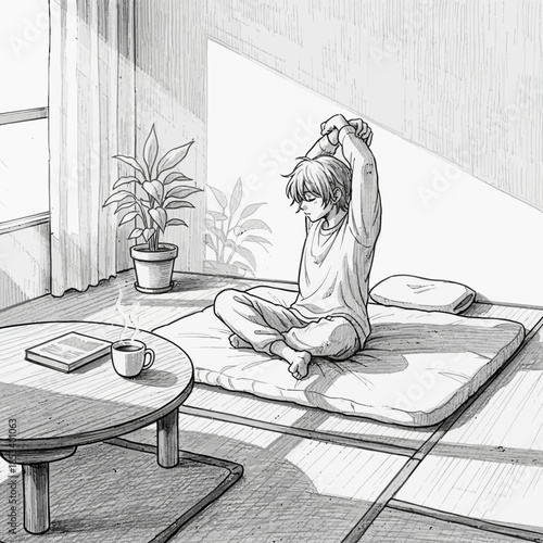 Young Man Stretching in Morning Light, Relaxed Lifestyle, Calm Home Interior