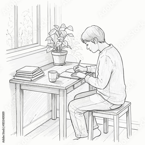 Young person writing in notebook at desk with books and plant, natural light from window