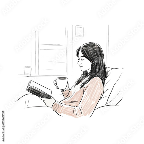 Young woman reading book and drinking coffee, relaxed lifestyle illustration