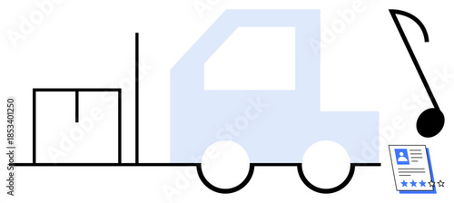 Forklift loading box, musical note symbolizing communication, rating document promoting service quality. Ideal for logistics, efficiency, feedback, communication, supply chain, customer satisfaction