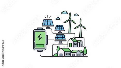 Sustainable energy powering houses with solar panels and wind turbines, representing a clean future and ecological balance