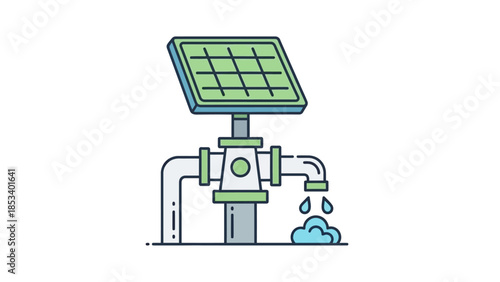 Solar powered water pump illustration showcasing sustainable energy for clean water access. Eco-friendly solution for resource management and environmental conservation