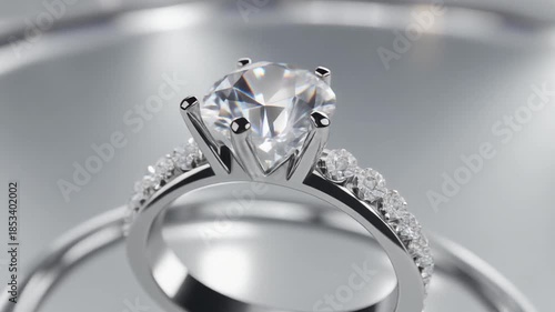 high angle closeup shot of diamond ring rotating gracefully under a spotlight