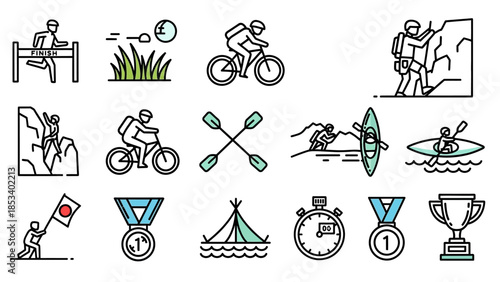 Outdoor Sports Activities and Adventure Line Icons Set.