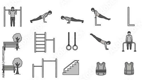 Outdoor Fitness Equipment and Exercises Icons Set.