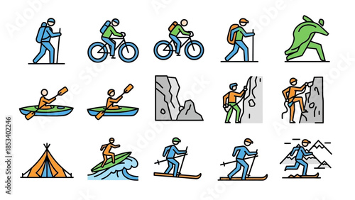 Outdoor adventure sports icons set for various activities.