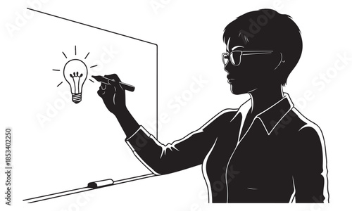 Creative businesswoman drawing lightbulb on whiteboard with marker