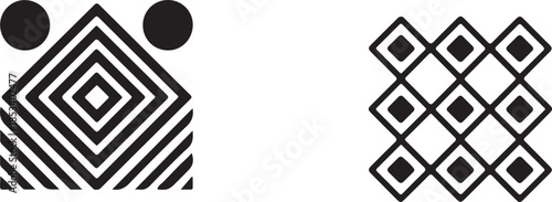 Abstract geometric pattern icon set with concentric square shapes, diagonal lines, dot accents and modern minimal design vector