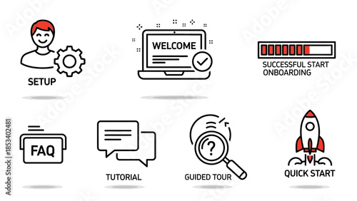 Onboarding process icons set with setup, welcome, successful start, FAQ, tutorial, guided tour, and quick start.