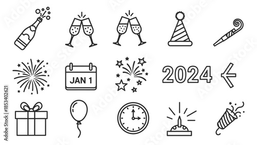 New Year Celebration Icons Set for Festive Occasions.
