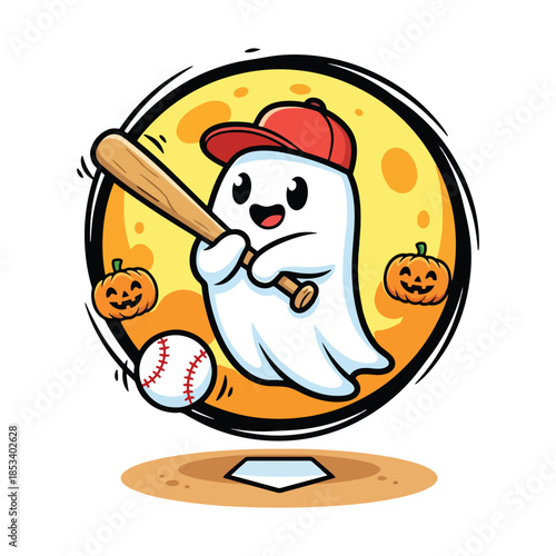 Cute ghost playing baseball with bat and pumpkin balls in moonlight vector illustration.