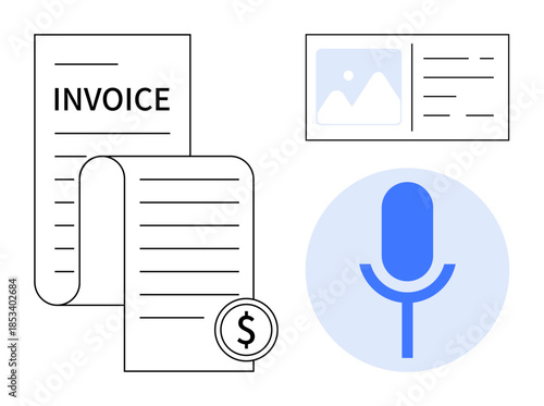 Invoicing, digital documents, voice recognition, payment processing, technology, business management. An invoice, receipt and microphone icon are . Invoicing and digital documents concept