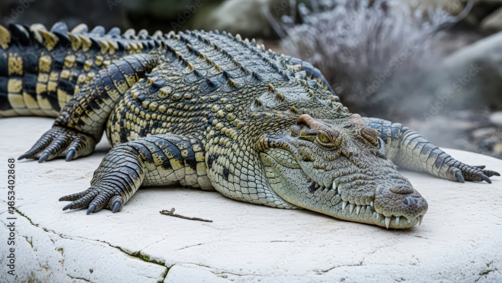 Obraz premium A large crocodile with intricate scaly skin patterns rests on a light-colored rock surface, appearing to bask or sleep.