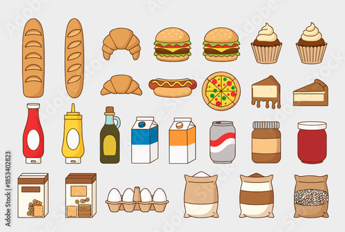 Diverse Groceries and Fast Food Items in a Colorful Flat Design Icon Set