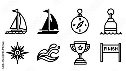 Nautical Icons Set Featuring Sailboats Compass Buoy Trophy and Finish Line.