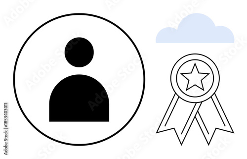 Online identity, achievements, personal profile, certification, cloud storage, progress tracking. User profile icon, ribbon with star and cloud graphic. Online identity and achievements concept