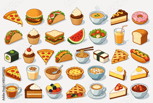 Vibrant Assortment of Delicious Food and Drink Icons on White Background