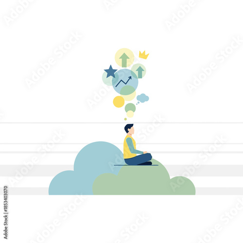 Man meditating on clouds, dreaming of success, growth, and achievements