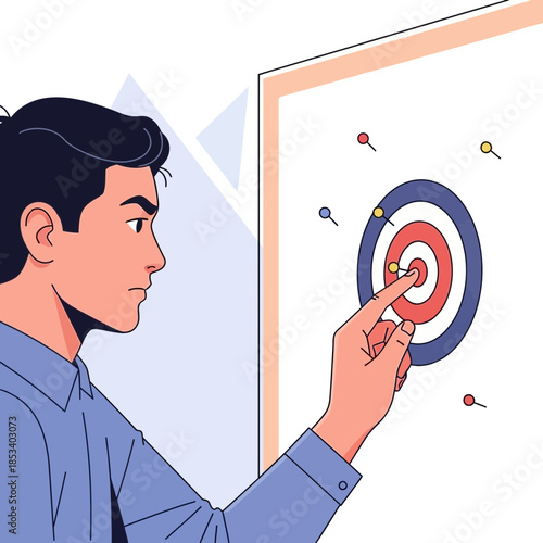 Man pointing at bullseye target, concept of goal achievement and focus