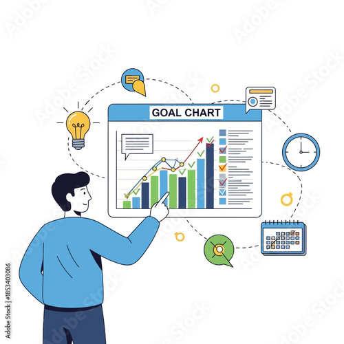 Man pointing at goal chart with upward trend, showing progress and success.