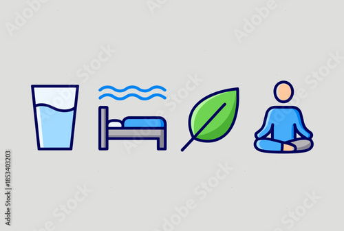 Icons of Health and Well being Hydration, Sleep, Nature, and Meditation